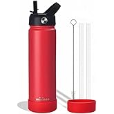 Insulated Stainless Steel Water Bottle with Straw, Ceramic-Lined, BPA-Free & Leak-Proof, 24 oz, Red