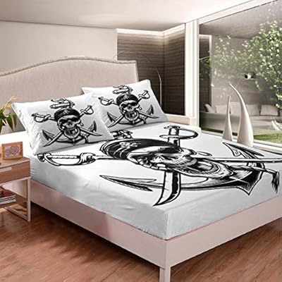 Skull Pattern Fitted Sheet Boys Pirate Skull Bedding Set Men Nautical Anchor Bed Sheet Set for Children Teens Adults… 510kk0HsLpL