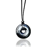 Large Black Agate Classic Lucky 40mm Donut Adjustable Necklace - Coin Shaped Spiritual Protection and Courage Powers Magic Amulet Crystal - Hand Carved Positive Energy Pendant - Emotional Support Gift for Women and Men
