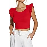 Ezbelle Women's Summer Crop Tank Tops Ruffle Shirts Ribbed Knit Clothes Sexy Sleeveless Tshirt Trendy Vacation Fit Blouse