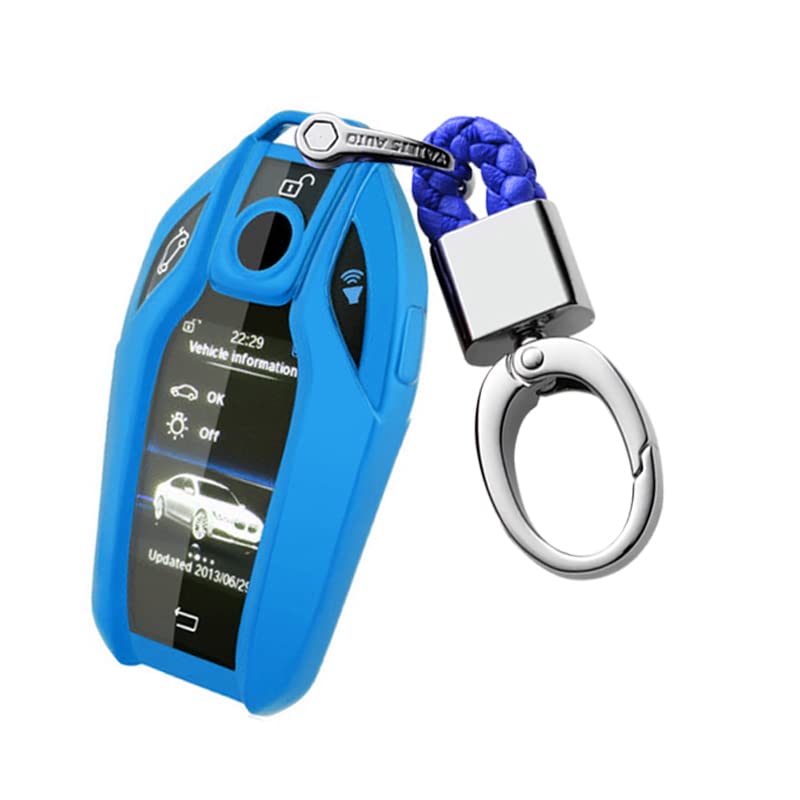 ontto Smart Display Remote Key Fob Cover Case Shell Holder with Keychain Keyring Soft TPU Key Skin Keyless Fit for BMW 5 Series 7 Series Blue