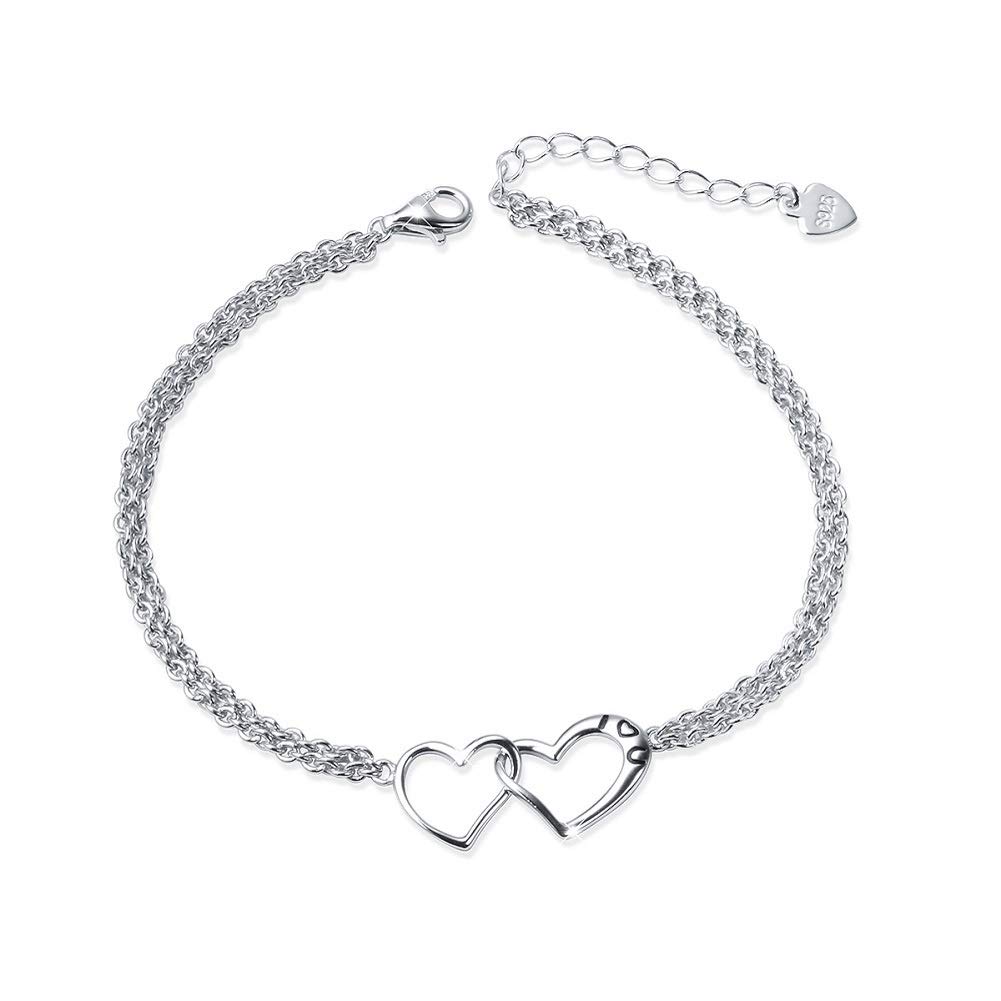 Flyow S925 Sterling Silver Bracelet for Women Girlfriend I Love You Double Layered Chain Double Heart Bracelets (Double Layered Heart)