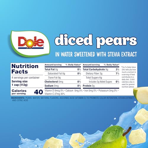 DOLE DICED PEARS WITH NO SUGAR ADDED† – DOLE FRUIT BOWLS SNACKS – 4 OZ FRUIT BOWLS – 4 PACK
