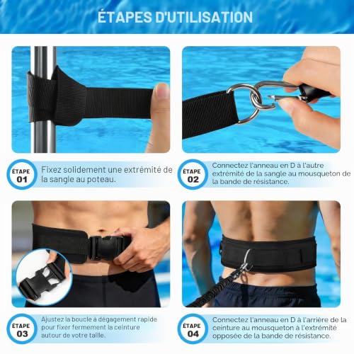 Vexyra Swimming Pool Elastic 2.5-7.5 m Swimming Belt for Adults and Children, Natural Latex Swimming Pool Elastic with Wide Padded Belt, Swimming Aid Black