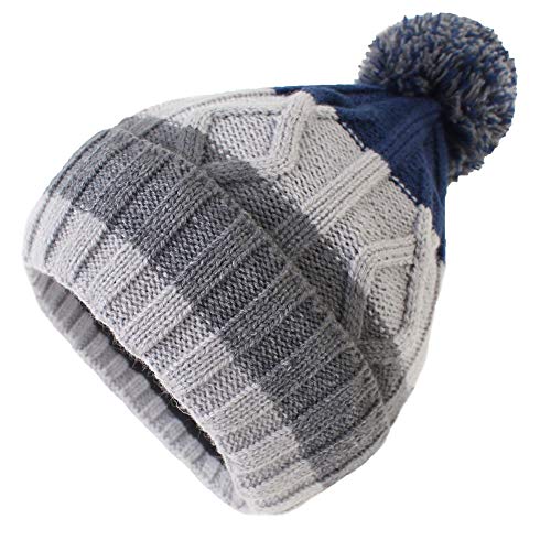 Exemaba Baby Boys Hairball Beanie Cap - Toddler Winter Warm Crochet Knitted Pom Pom Hat with Fleece Lining(Navy Blue Stripe,M) - Thumbnail 2