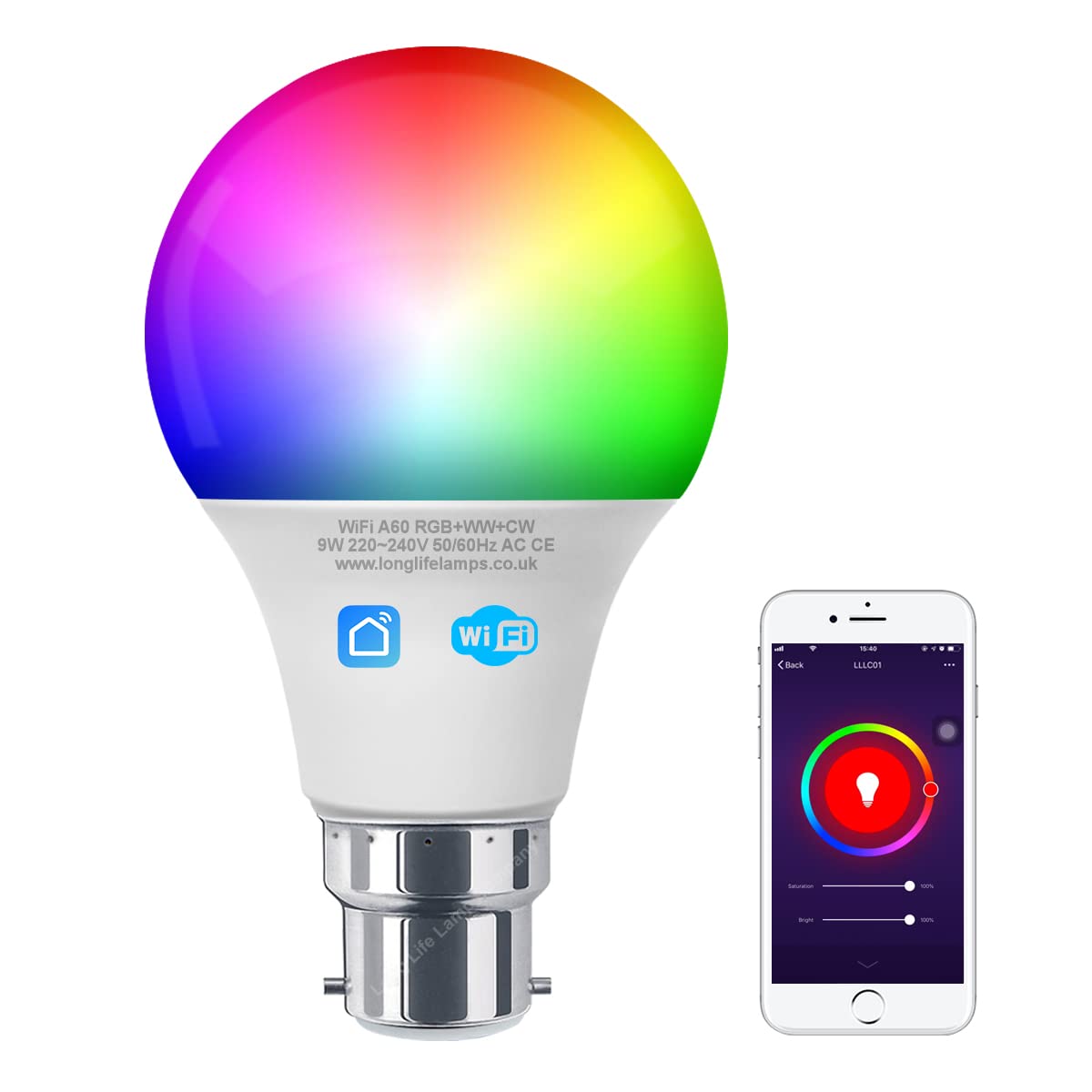 Long Life Lamp Company 9w LED WiFi Smart Light Bulb RGB Colour Change Phone App Controlled Dimmable B22 Compatible with iOS Android Also Alexa & Google Home No Hub Required