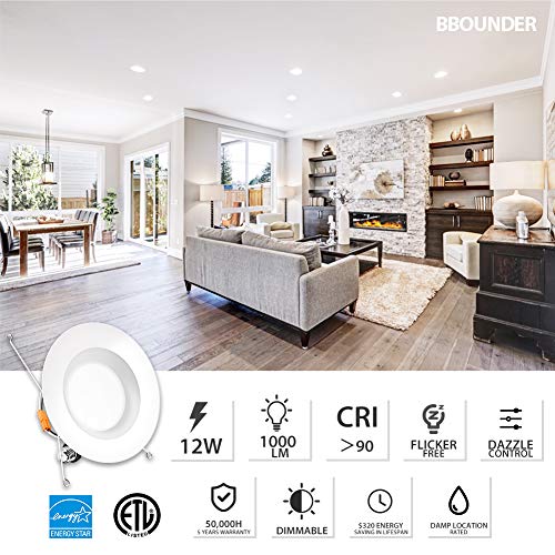 Bbounder (12 Pack) 5/6 inch LED Dimmable Recessed Lighting, Retrofit Downlight with Smooth Trim, 5000K Daylight, 12W=100W, 1000LM, Simple Retrofit Installation, IC Rated No Flicker, Energy Star & ETL