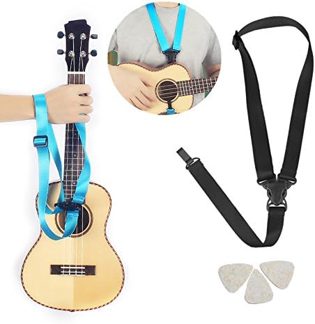 Easeicon Adjustable Button-Free Ukulele Strap Plain Belt [Extra Comfortable Design] UKE Neck Sling + 3 Felt Picks - Ideal for Hawaiian Ukelele(Baritone Tenor Concert Soprano) (Black)