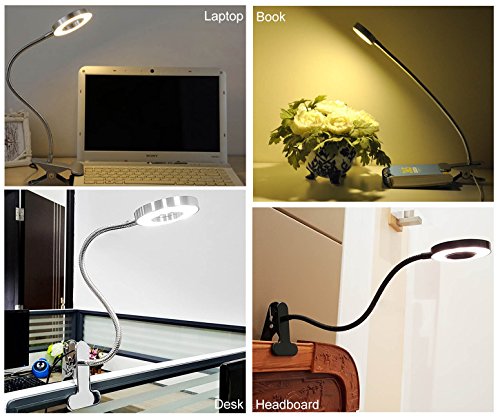 6W LED Clip on Reading Light,Rechargeable Book Light with USB Port for Bed Headborad Desk Laptop Piano,Eye-care 2 Light Color Switchable,Adapter Included(Black)