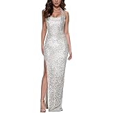 WUSENST Sequin Formal Dresses for Women Halter Neck Sleeveless Bodcyon Split Prom Maxi Dress, XX-Large, 010-white
