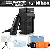 Battery Charger Kit For Nikon COOLPIX AW120, AW110, AW130, W300 Waterproof Digital Camera Includes Ac/Dc Travel Charger + FLOAT STRAP + Mini TableTop Tripod + MicroFiber Cloth