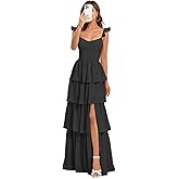 Ibpdea Tiered Chiffon Bridesmaid Dress Ruffle Prom Dresses for Women A Line Formal Evening Gown with Slit