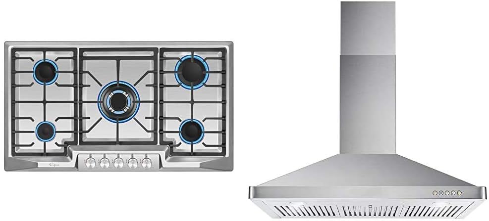 Empava 36" Stainless Steel 5 Italy Sabaf Burners Stove Top Gas Cooktop & Cosmo 63190 36 in. Wall Mount Range Hood with Ductless Convertible Duct, LED Lights in Stainless Steel