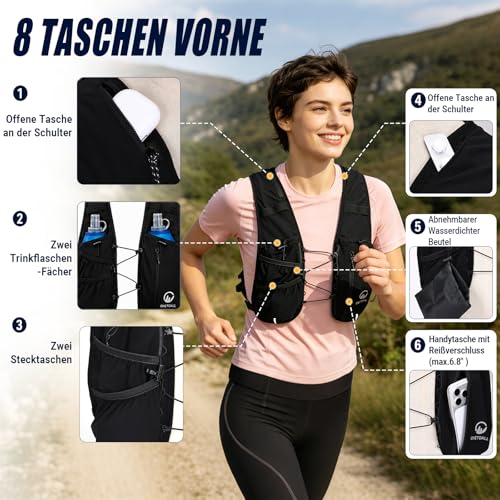 ONETOALL Running Vest for Men and Women with Two 500 ml Water Bottles, Adjustable Running Vest with Running Light for Better Visibility, Breathable Running Backpack, Hydration Backpack for Running