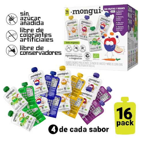 Snack orgánico para peques | Pack 16 pouches Mix Vegetales 4 Recetas – Kiwi, Espinaca, Butternut, Ciruela, Camote, Zanahoria, Mora Azul | Empresa B | MONGUI