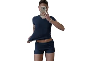ZFLM Casual Workout Two Piece Outfits for Women Short Sleeve Crop High Waist Foldover Shorts Tracksuit Sets Streetwear