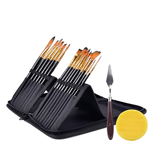 Haneye Artist Paint Brush Set, 15 Pcs Sizes Nylon Art Paint Brushes with Case, Wood Handles, with Painting Knife and Watercolor Sponge, Multifunction Brush for Gouache, Acrylics, Oil and Watercolor