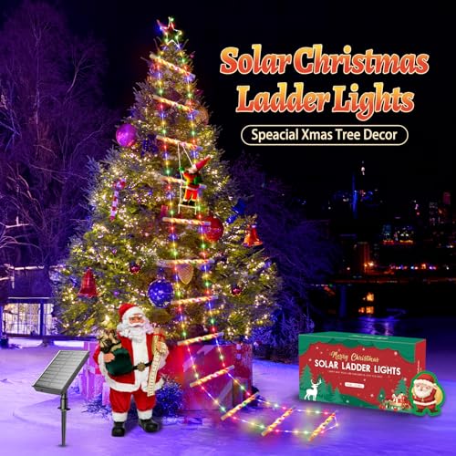 2023 Newest Outdoor Christmas Decorations, 10ft Solar Christmas Ladder Lights with Santa Claus & Top Star, 8 Modes Colorful Waterproof Christmas Decorations Outside Window Wall Roof Xmas Tree Decor