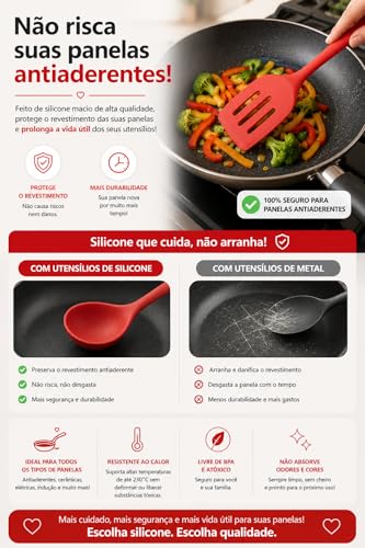 Kit 3 Utensílios de Cozinha em Silicone Vermelho Concha Espátula Escumadeira Premium Resistente até 230°C Não Risca Panela