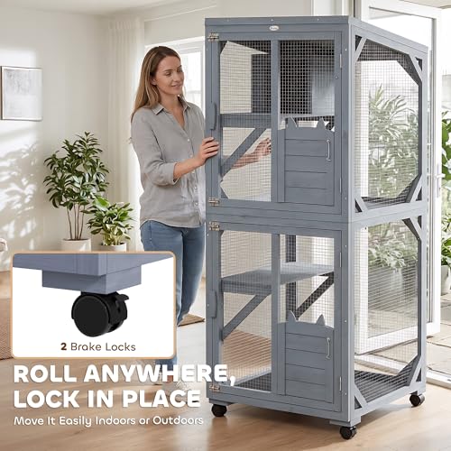 PawHut Catio Outdoor Cat Enclosure, Wooden Cat House on Exercise Wheels Indoor Outdoor, Kitty Cage with Resting Box, Waterproof Roof, for 2 Cats, 25.6" x 25.6" x 63", Dark Grey