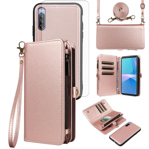 Asuwish Phone Case for Sony Xperia 10 III 3 / Xperia10III 5G Zipper Wallet Detachable Cover with Screen Protector Crossbody Lanyard Strap Flip Card Holder Slot Experia 10III 5G XQ-BT52 Rose Gold