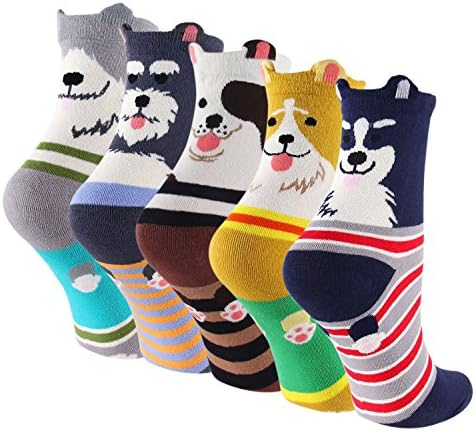 Womens Cute Colorful Casual Soft Comfortable Mid-Calf Crew Socks - Puppy Love (5 pack)