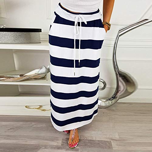 Clearance! Elogoog Womens Casual Elastic Waist Stripe Skirt Stretch Hight Waist Stripe Maxi Long Skirts with Pockets (L, Dark Blue)