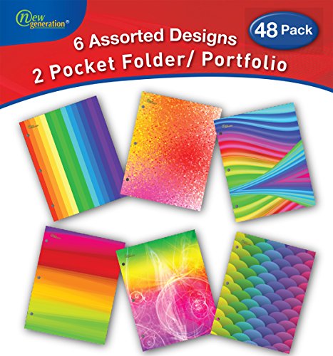 New Generation - Rainbow - 2 Pocket Folders / Portfolio 48 PACK Letter Size with 3 Hole Punch to use with your Binder - Heavy Duty Glossy Finish UV Laminated Folders ( 48 PACK Assorted 6 Designs ) - Thumbnail 7