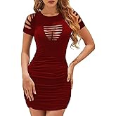 HWP Sexy Club Dresses for Women Summer Bodycon Ruched Party Birthday Mini Dress Short Sleeve Cutout Tank Short Dresses