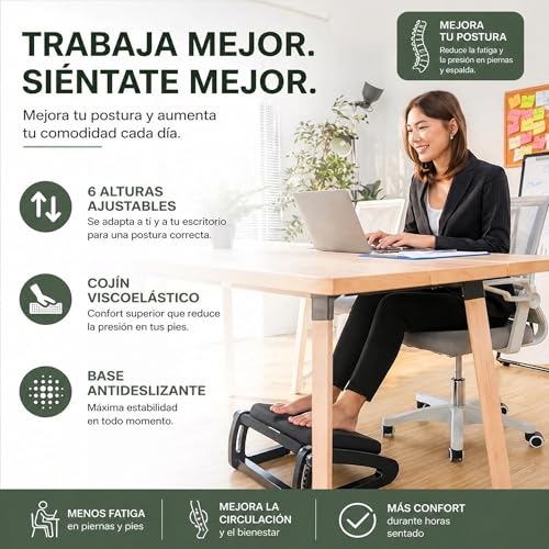 ZYNTRA® Reposapiés ergonómico con cojín viscoelástico y 6 alturas ajustables | Apoya pies oficina ideal para casa, escritorio, sofá y teletrabajo, mejorando postura y confort.