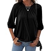 Grlasen Women's Solid Crew Neck T Shirt Blouse Cotton Half Sleeve 3/4 Sleeve Casual Loose Pleated Basic Tops