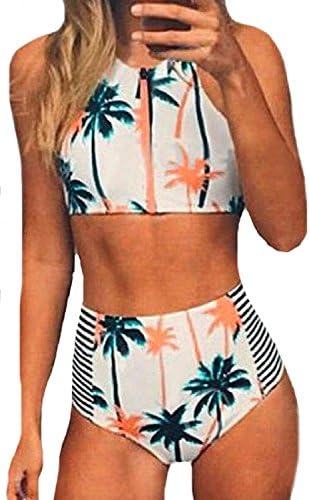 Ubling Womens Coconut Tree Printed Bikini Set Halter Swimsuit XS High-waist
