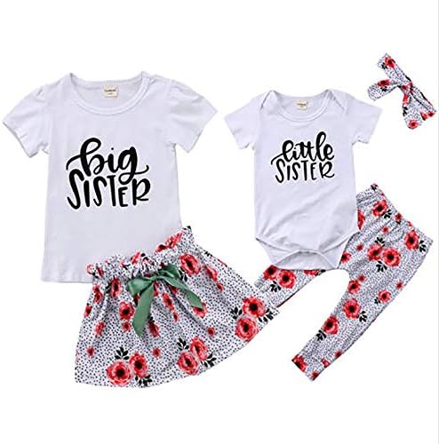 WENBIAO Big Sister Little Sister Matching Outfit Big Sister T-Shirt Little Sister Romper Floral Print Skirts Pants