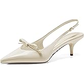 Coutgo Womens Bow Slingback Heels Low Kitten Heel Pumps Closed Pointed Toe Party Wedding Dress Shoes