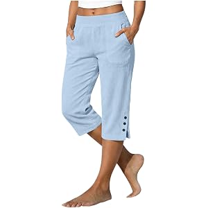 Huneny Capris Pants for Women Casual Straight Leg Linen Pants with Pockets