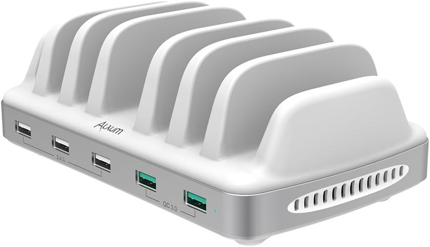 Alxum Quick Charge 3.0 60W 5-Port USB 3.0 Charging Station with QC 3.0 Fast Multiple Devices Desktop Charger for Samsung Galaxy Note 9/8, iPad Pro, Air, iPhone X,8,7,6, LG, Nexus and More, Aluminum