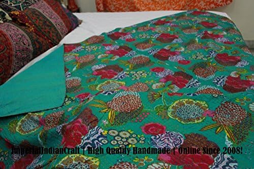 ImperialIndianCraft 100% Handmade Indian Kantha Quilt Blanket Comforter - Green Shade Fruity Floral/Tropical Kantha, Bohemian, Mediterranean Bedding | 100% PREMIUM QUALITY | KING SIZE 1