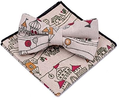 TUOBU Men Bow Tie Set,Beige Men Adjustable Castle Pattern Bow Tie Set Casual Style Bowtie Handkerchief Set Beige