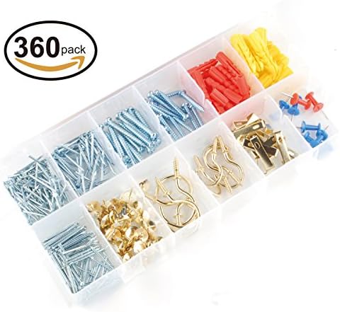Seah Hardware Household Assortment Kit, Cup Hooks, Picture Hangers, Push Pins, Thumb Tacks, Brads, Plastic Anchors, Screws and Nails, 360 Pieces
