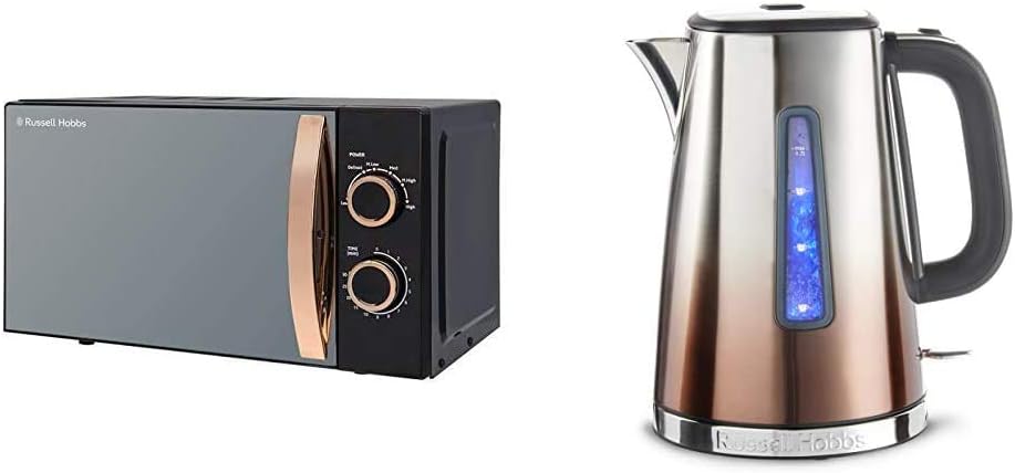 Russell Hobbs RHM1727RG RH1727RG Microwave, Steel, 700 W, 17 liters, Rose Gold & 25113 Eclipse Polished Stainless Steel and Copper Sunset Ombre Electric Kettle, 3000 W, 1.7 Litre