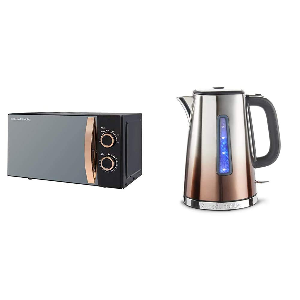Russell Hobbs RHM1727RG RH1727RG Microwave, Steel, 700 W, 17 liters, Rose Gold & 25113 Eclipse Polished Stainless Steel and Copper Sunset Ombre Electric Kettle, 3000 W, 1.7 Litre