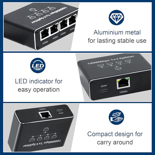 Multiprise RJ45,Switch Ethernet 1 à 4 1000Mbps,Répartiteur Ethernet Gigabit pour Les Ordinateurs, Les Concentrateurs, Les Routeurs | High Speed Fiber RJ45 Hub for Computers, Hubs, Routers