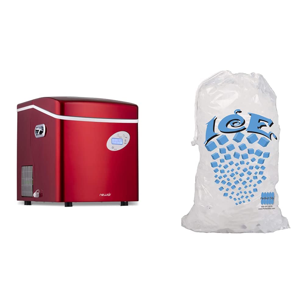 NewAir Portable Ice Maker 50 lb. Daily | Red | 3 Size Bullet Shaped Ice and Perfectware – PW Icebags-DS-100ct 10lb Ice Bags with Drawstring-100ct