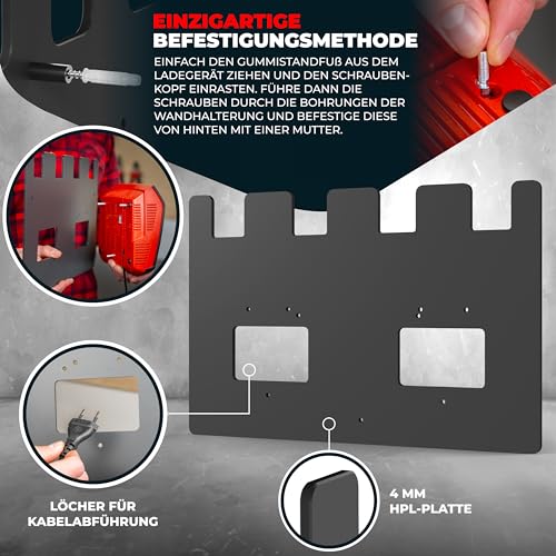 Wandfest Wall Mount for Einhell Batteries and Chargers, The Original, Glossy and Matt Side, Made in Austria, Robust Einhell Battery Holder for 1–4 Batteries