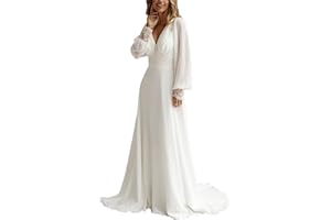 Fievlrs Long Sleeves Wedding Dresses for Bride Lace Chiffon A Line Long Beach Bridal Dress for Women
