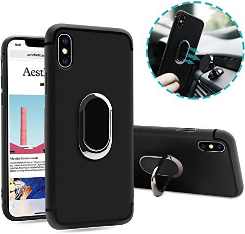 Mckbane for iPhone X Case with Electroplated Metal Kickstand 360 °Rotating Ring Premium TPU + PC Protection Cover Compatible with Magnetic Car Mount for iPhone X - Black (Soft)