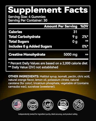 Inner Brightness Creatine Monohydrate Gummies for Men & Women 5000 mg, 3rd Party Tested, Creatine Chews for Muscle Growth, Strength & Energy Support, Sugar Free, Vegan, 120 Count