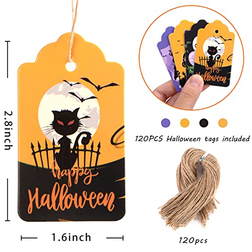 Koogel 120PCS Gift Tags, Halloween Paper Tags Bulk Halloween Theme Tags with Strings for Hanging Decoration Halloween Party Candy Bag
