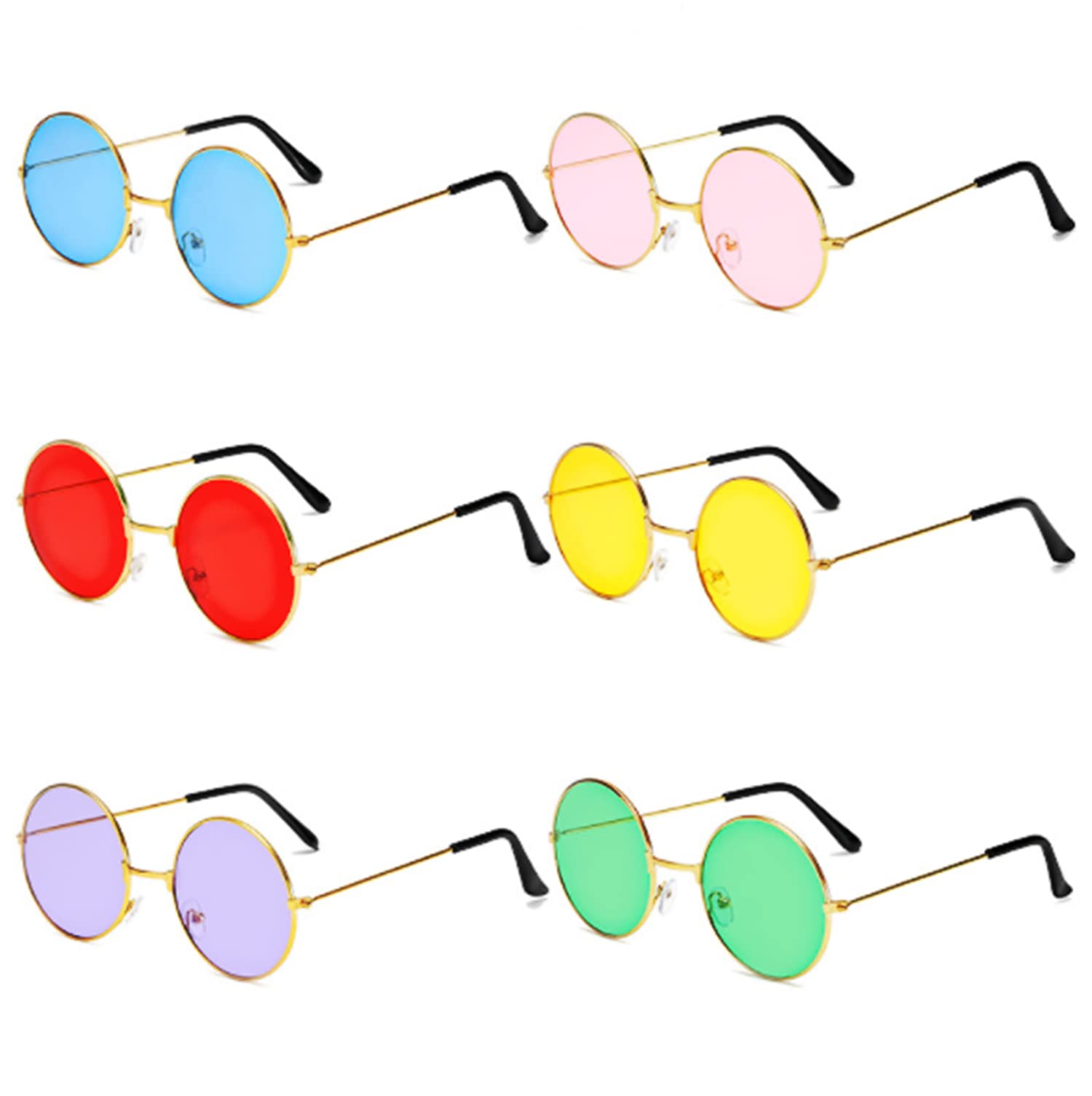 sanvpwsan 6Pcs Round Metal Frame Glasses Retro Hippie Style Multicolor Sunglasses, Christmas Party Glasses, John's 60s Style Glasses Accessories (Gold Frame)