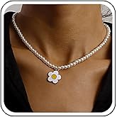 Erimberate Bohemian Sunflower Pearl Choker Necklace White Enamel Flower Pendant Necklace Floral Petal Collar Necklaces Round Pearl Chain Necklaces Jewelry for Women